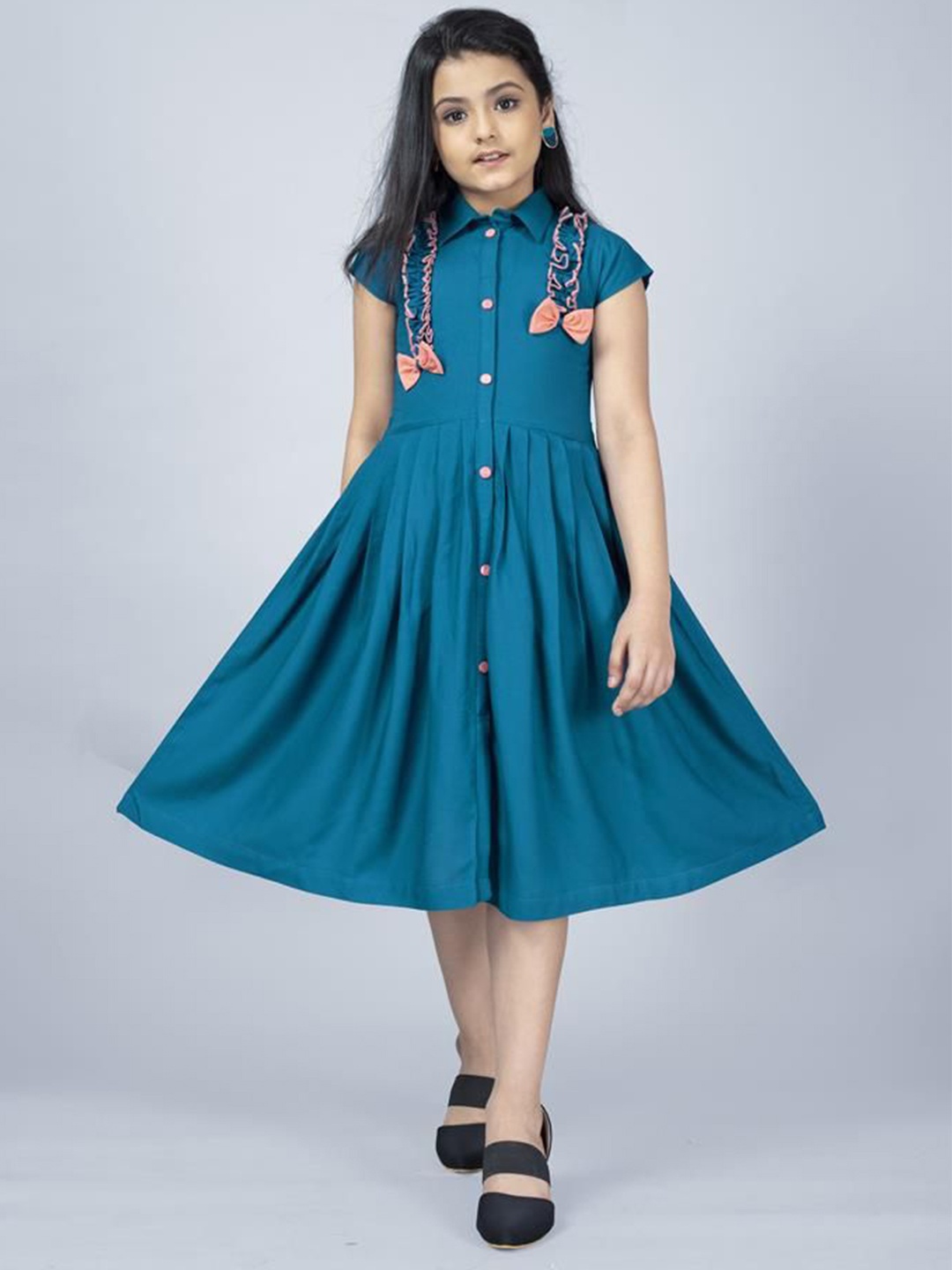 

BAESD Girls Cap Sleeves Bow Detail Shirt Midi Dress, Blue