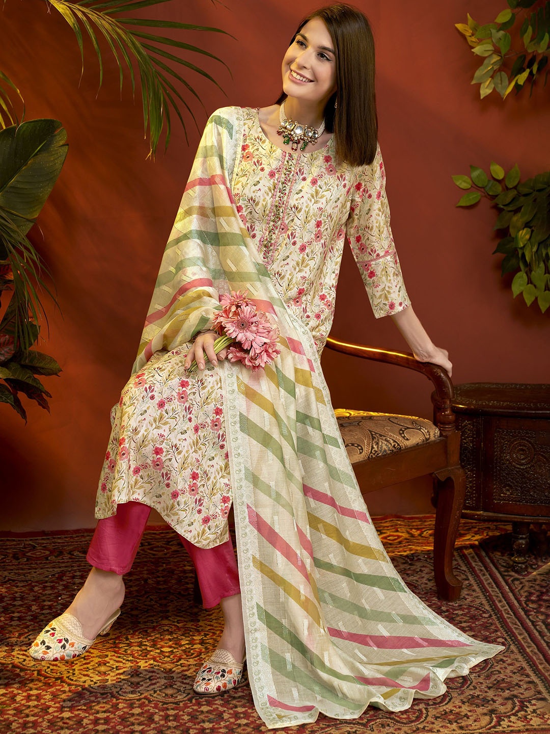 

Anouk Floral Printed Regular Zardozi Kurta With Trousers & Dupatta, Cream
