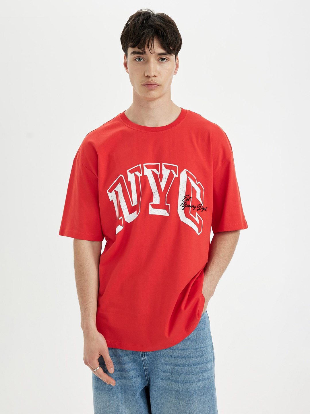 DeFacto Men Typography Printed Applique T-shirt, Na