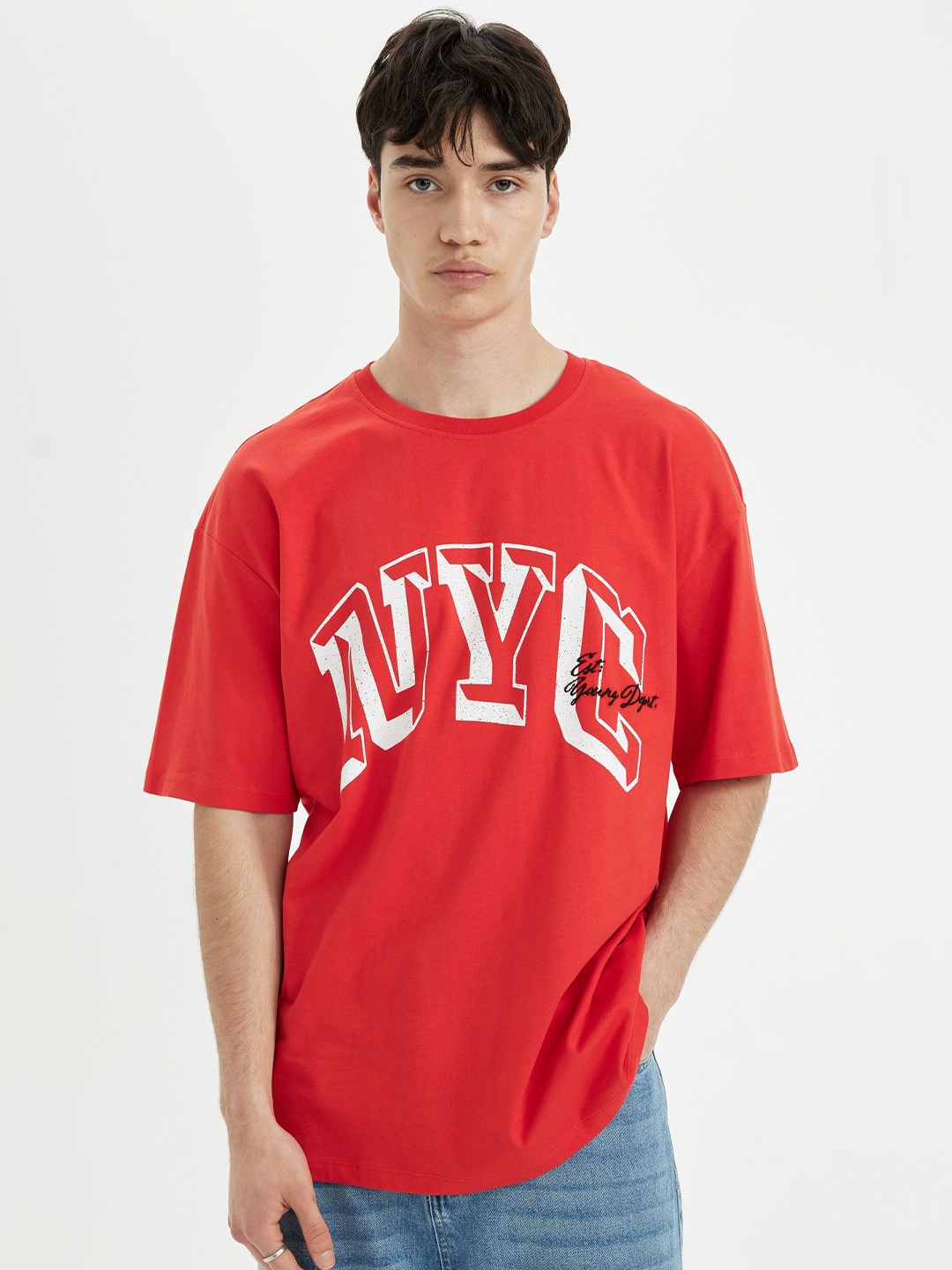 

DeFacto Men Round Neck Typography Printed T-shirt, Orange