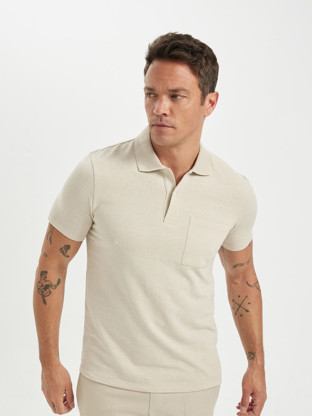 

DeFacto Self Design Polo Collar T-shirt, Beige