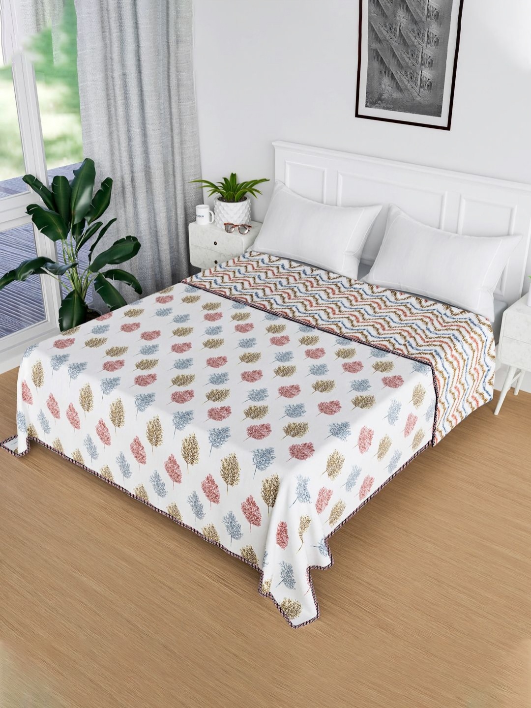 

Kuber Industries White & Blue Floral AC Room 120 GSM Cotton Double Bed Reversible Blanket