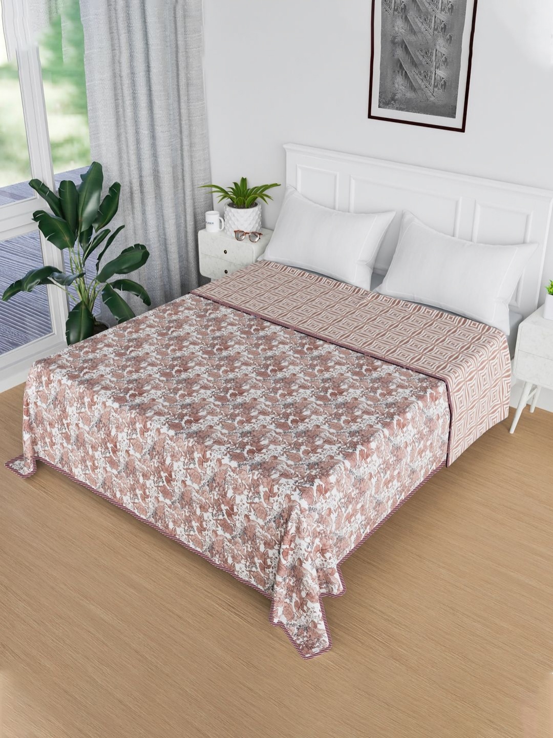 

Kuber Industries White & Brown Floral AC Room 120 GSM Cotton Double Bed Reversible Blanket