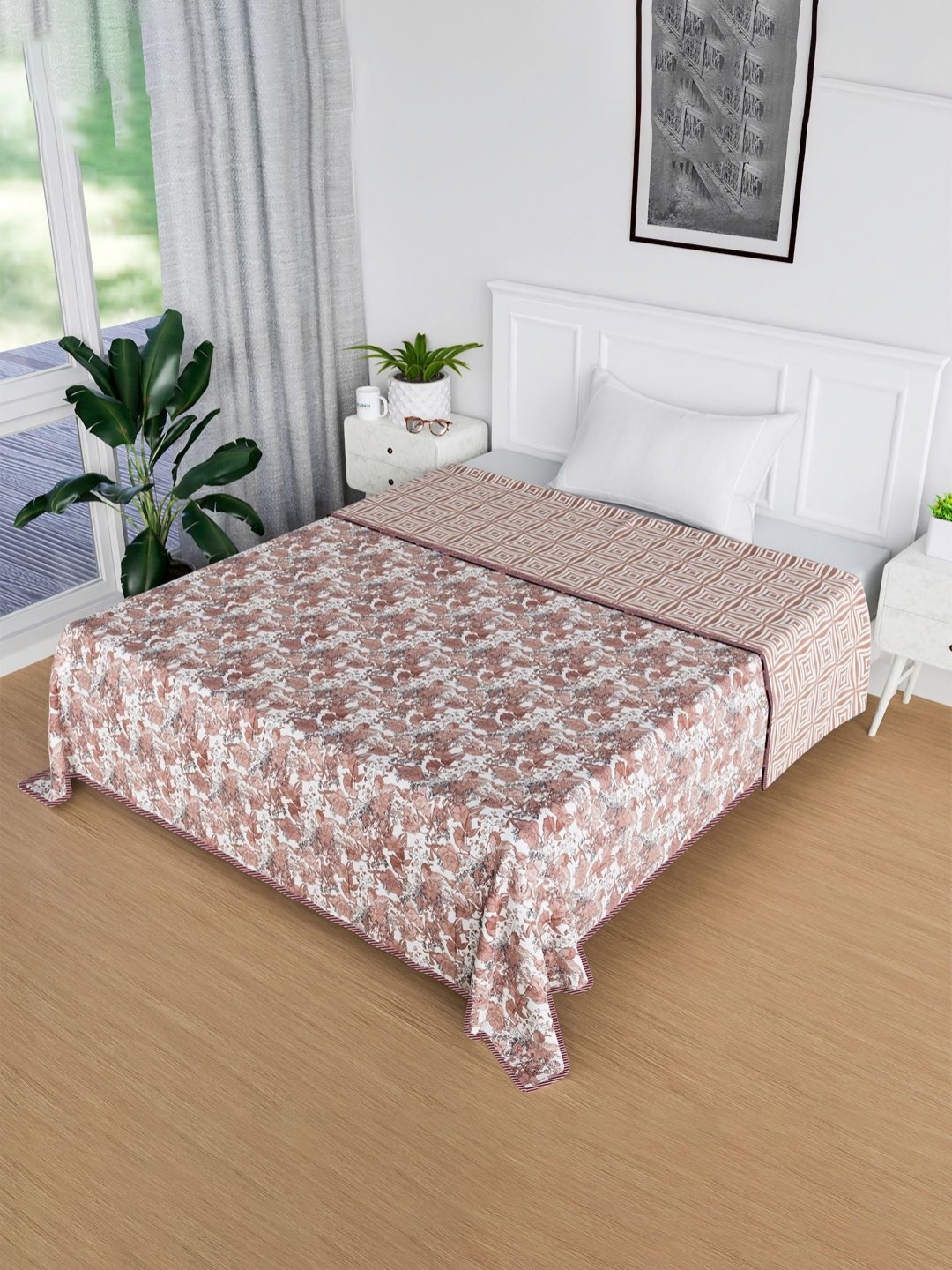 

Kuber Industries White & Pink Floral AC Room 120 GSM Cotton Single Bed Reversible Blanket