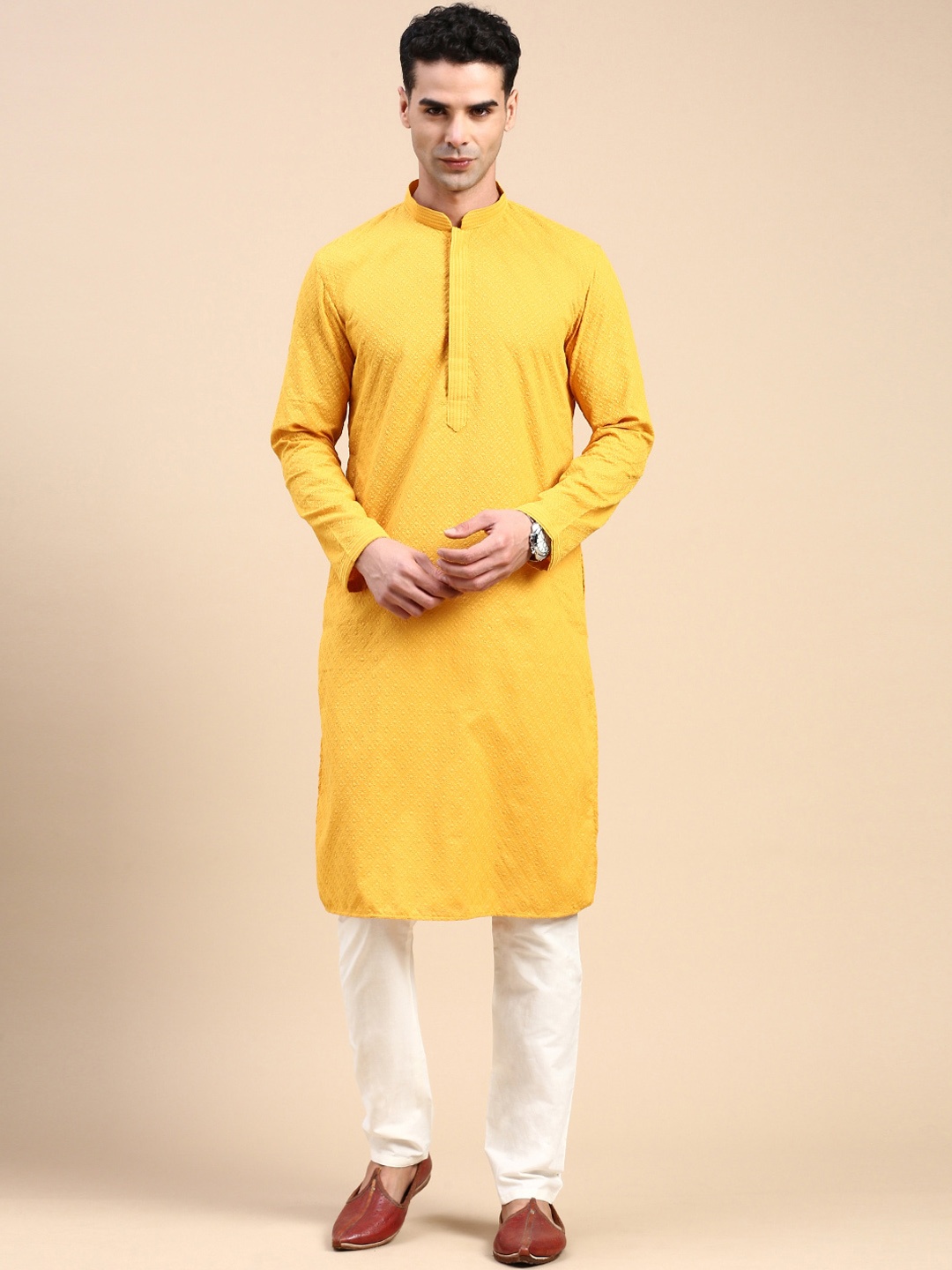 

Rishika Embroidered Mandarin Collar Art Slik Straight Kurta with Pyjama, Yellow