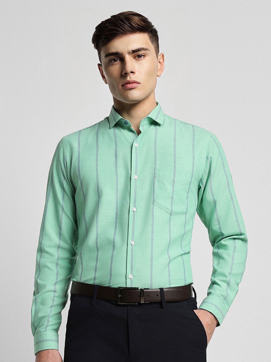 

Peter England Slim Fit Striped Spread Collar Cotton Formal Shirt, Green