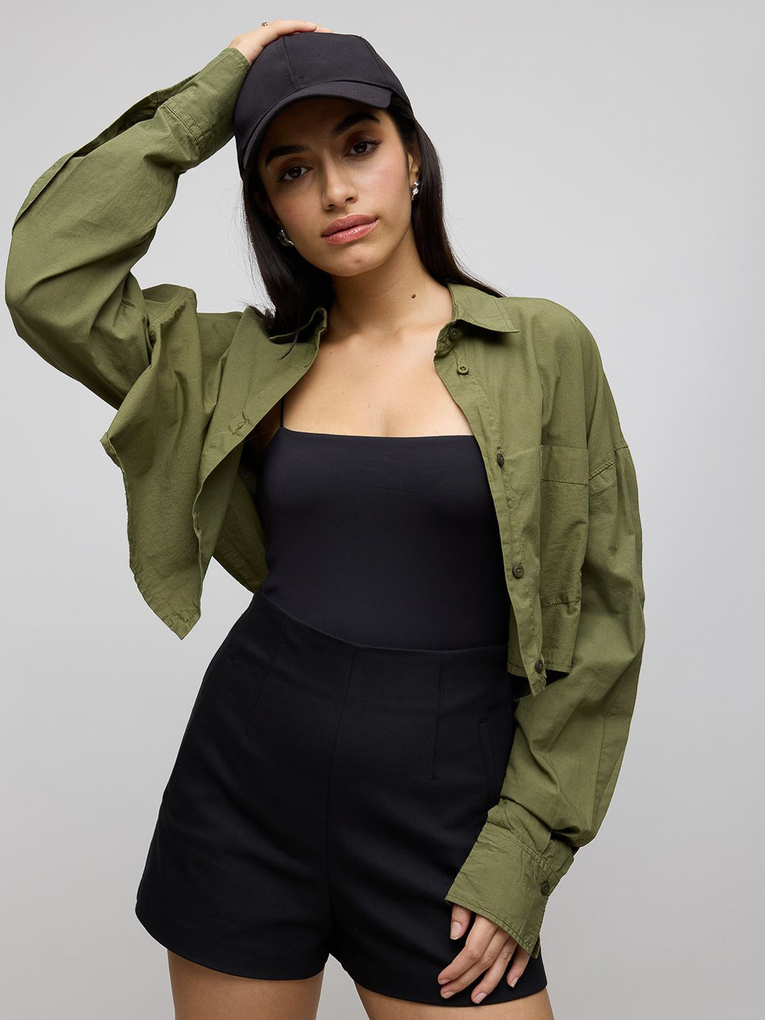 

FREAKINS Spread Collar Cotton Casual Crop Shirt, Olive