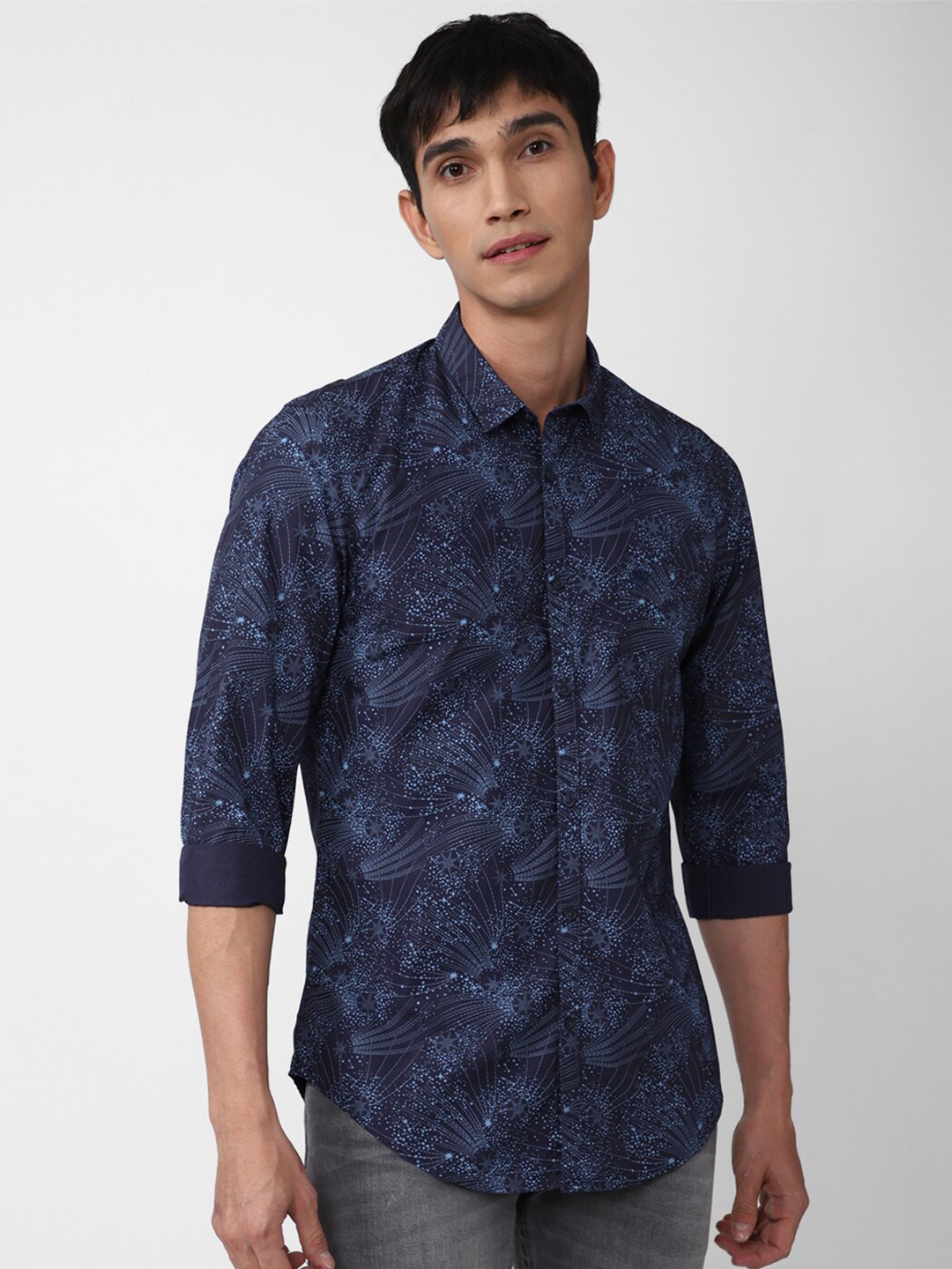 

PETER ENGLAND UNIVERSITY Slim Fit Spread Collar Floral Printed Cotton Casual Shirt, Navy blue