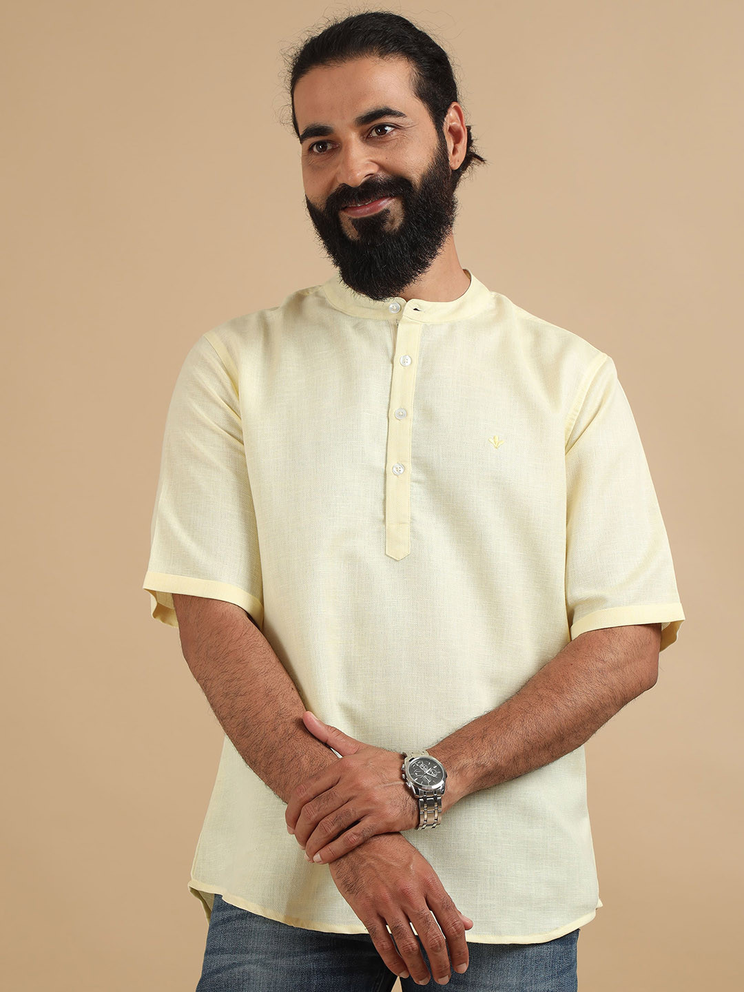 

FILORI Self Textured Pure Cotton Short Kurta, Yellow