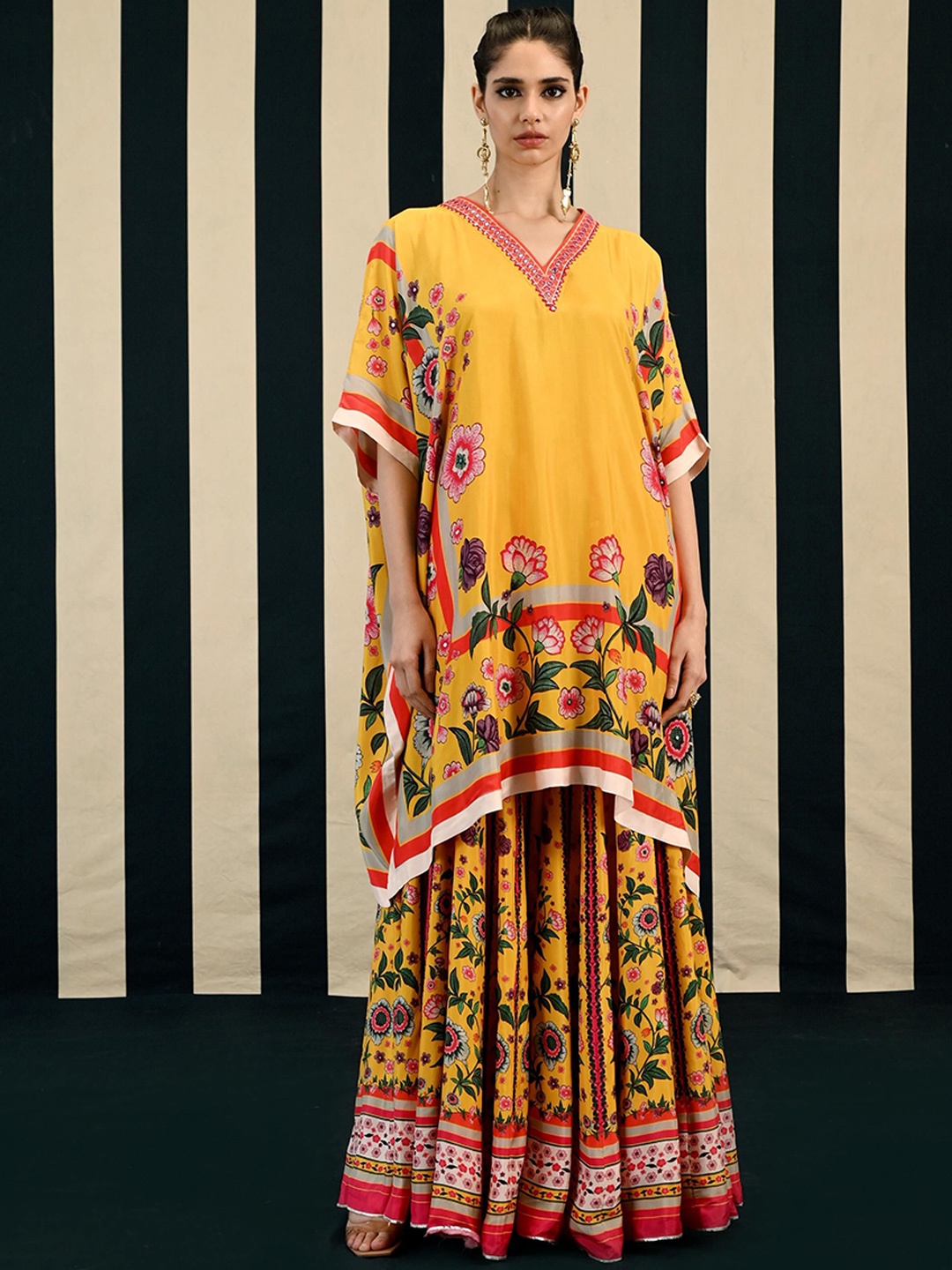 

SWATI VIJAIVARGIE Ethnic Motifs Printed Straight Pure Silk A-Line Kurta With Sharara, Mustard