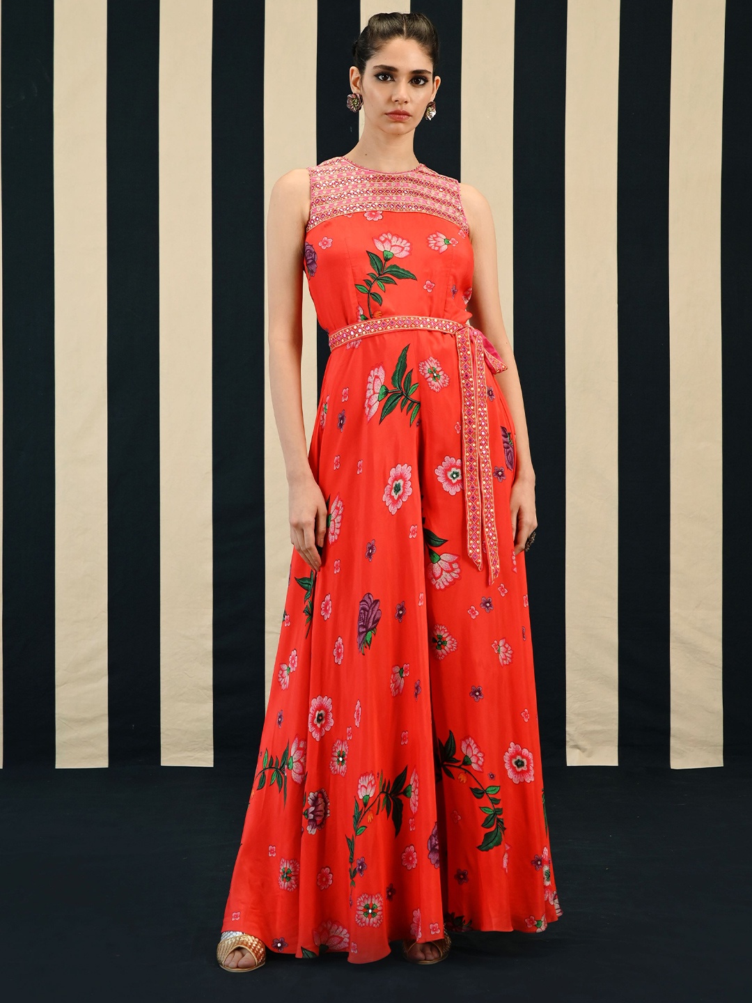 

SWATI VIJAIVARGIE Floral Printed Silk Basic Jumpsuit with Embroidered, Red