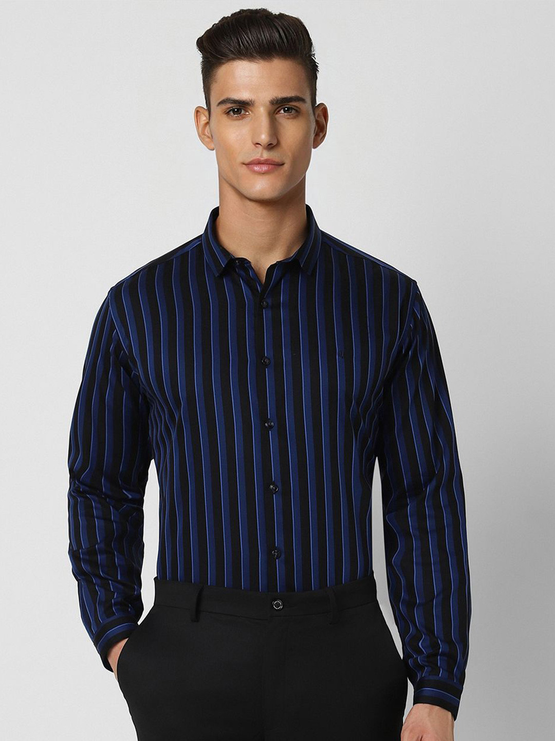 

V Dot Slim Fit Striped Spread Collar Long Sleeves Cotton Party Shirt, Blue