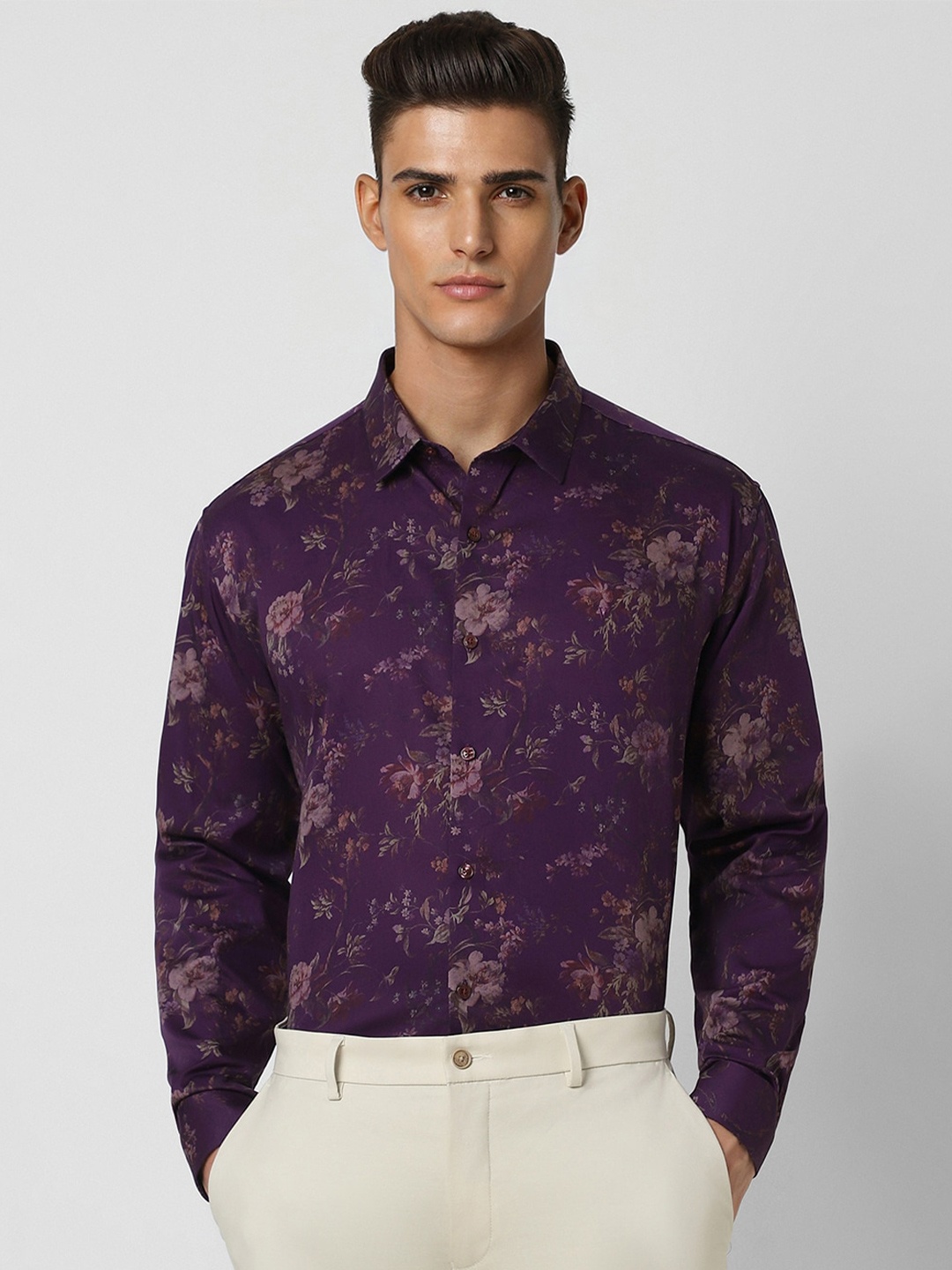 

V Dot Slim Fit Floral Printed Cotton Party Shirt, Purple
