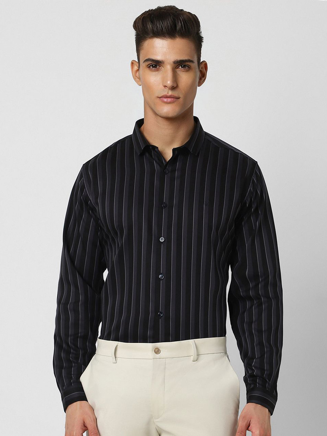 

V Dot Slim Fit Vertical Stripes Cotton Party Shirt, Black