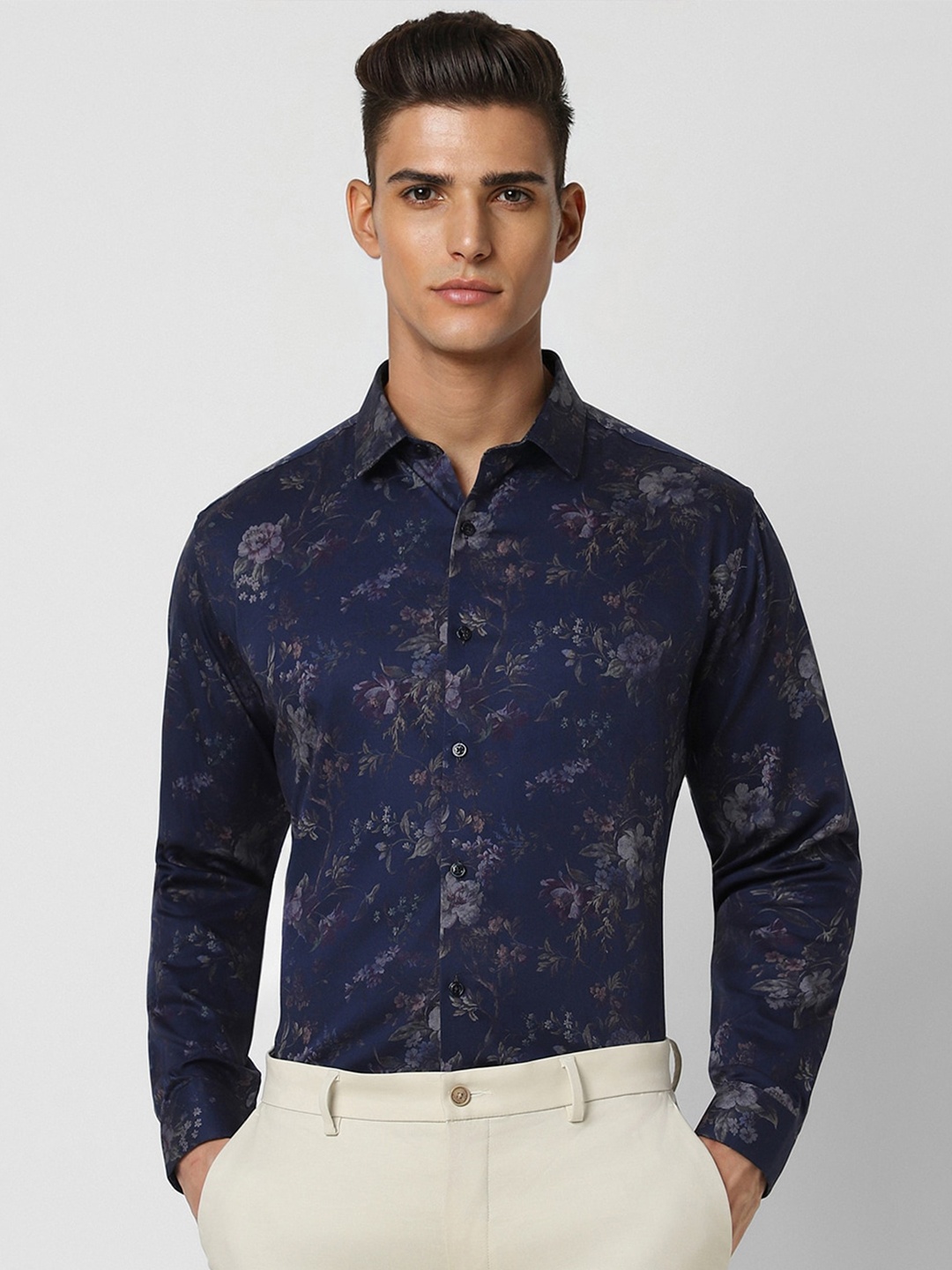 

V Dot Slim Fit Floral Printed Cotton Party Shirt, Navy blue