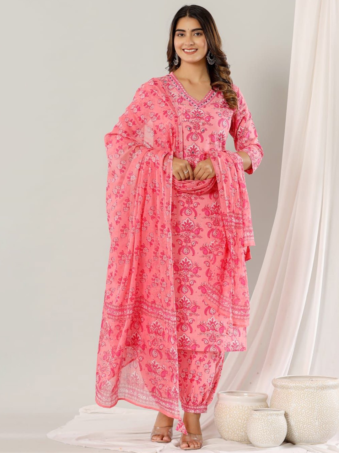 

KALINI Floral Printed Regular Sequinned Pure Cotton Straight Kurta With Salwar & Dupatta, Peach