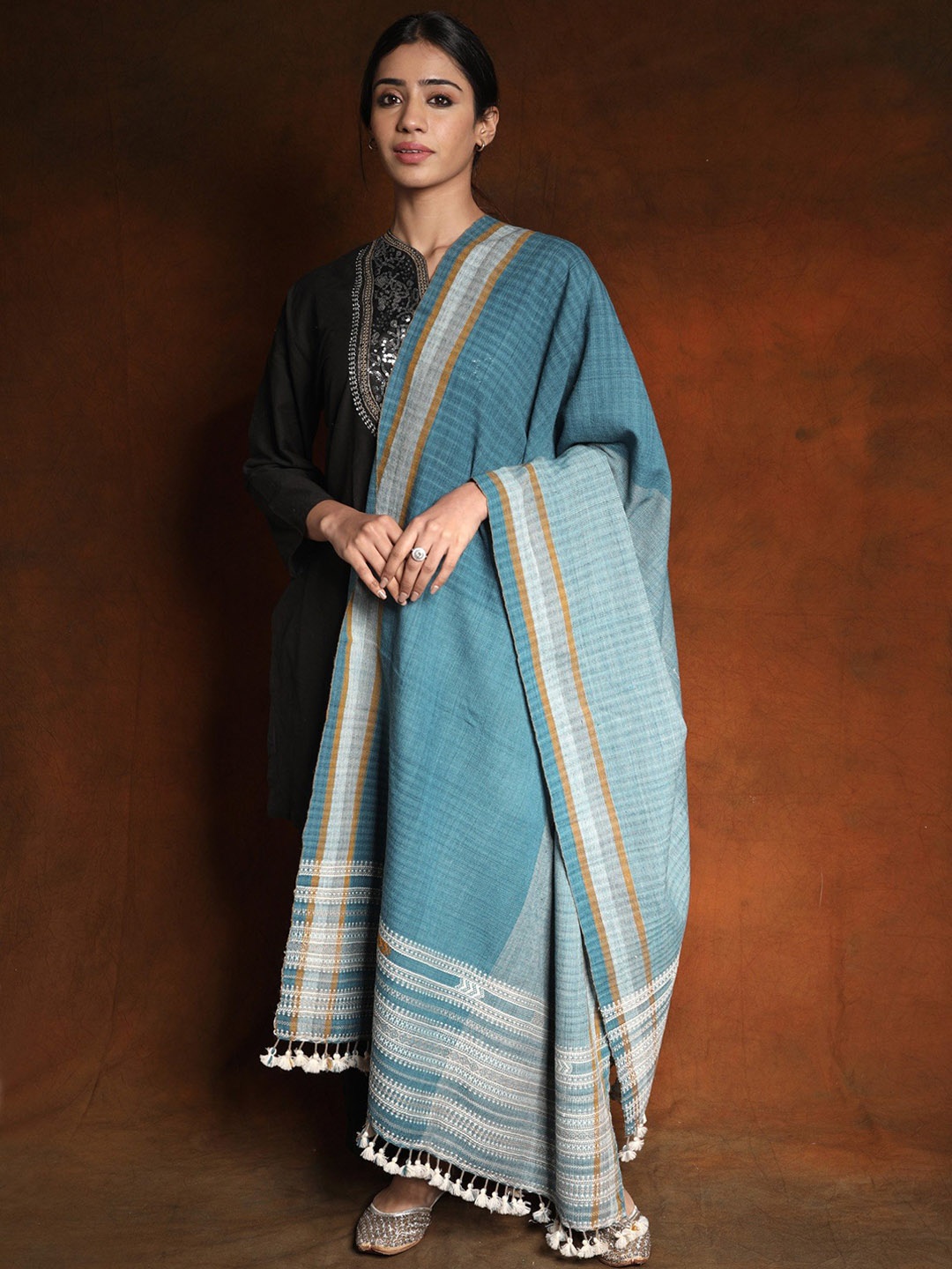 

Exotic India Dual Shade Cotton Wool Shawl with Tassels, Blue