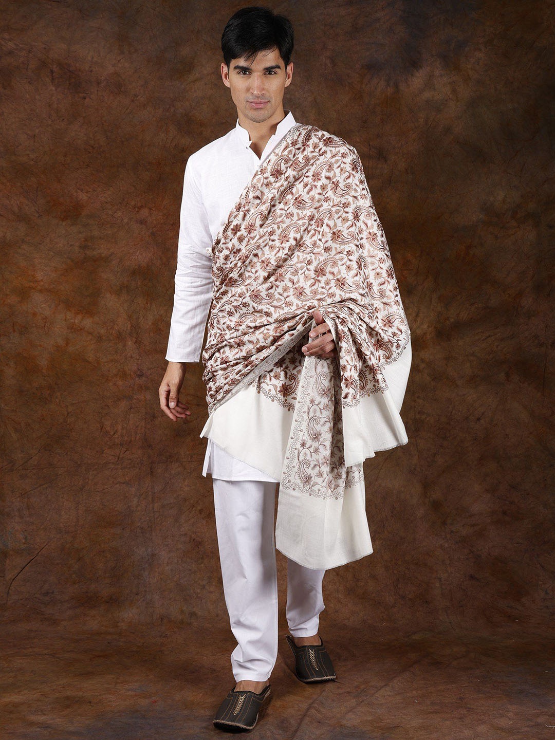

Exotic India Coconut Milk Men's Pure Wool Aari Embroidered Paisley Vines Shawl, White