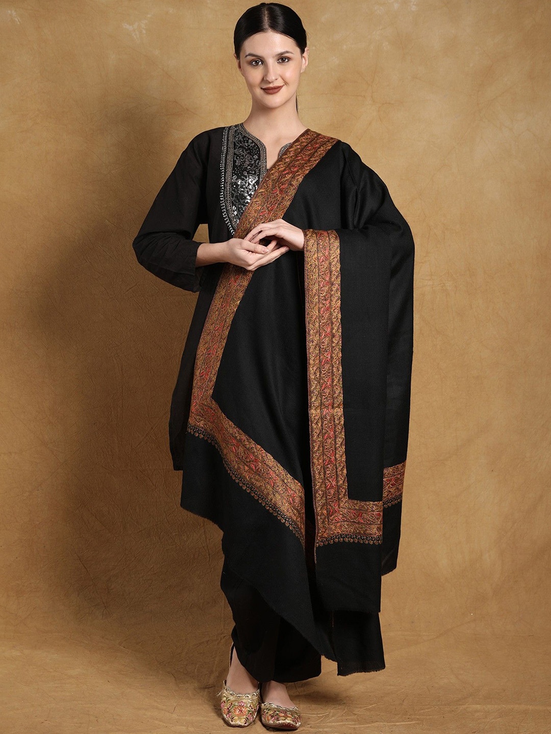 

Exotic India Embroidered Woollen Shawl, Black