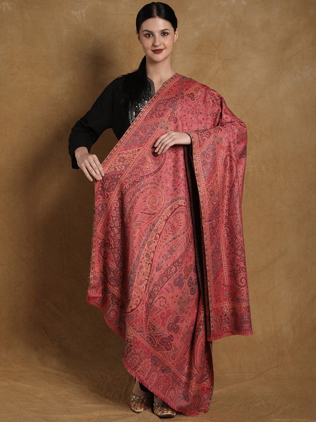 

Exotic India Ethnic Motifs Woven Design Pure Woollen Shawl, Rose