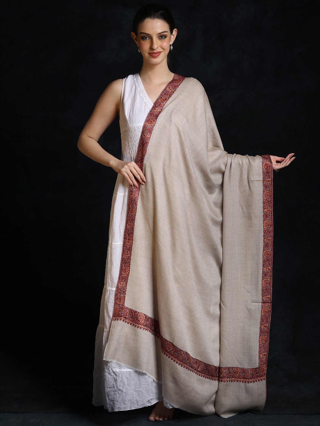 

Exotic India Embroidered Woollen Shawl, Off white