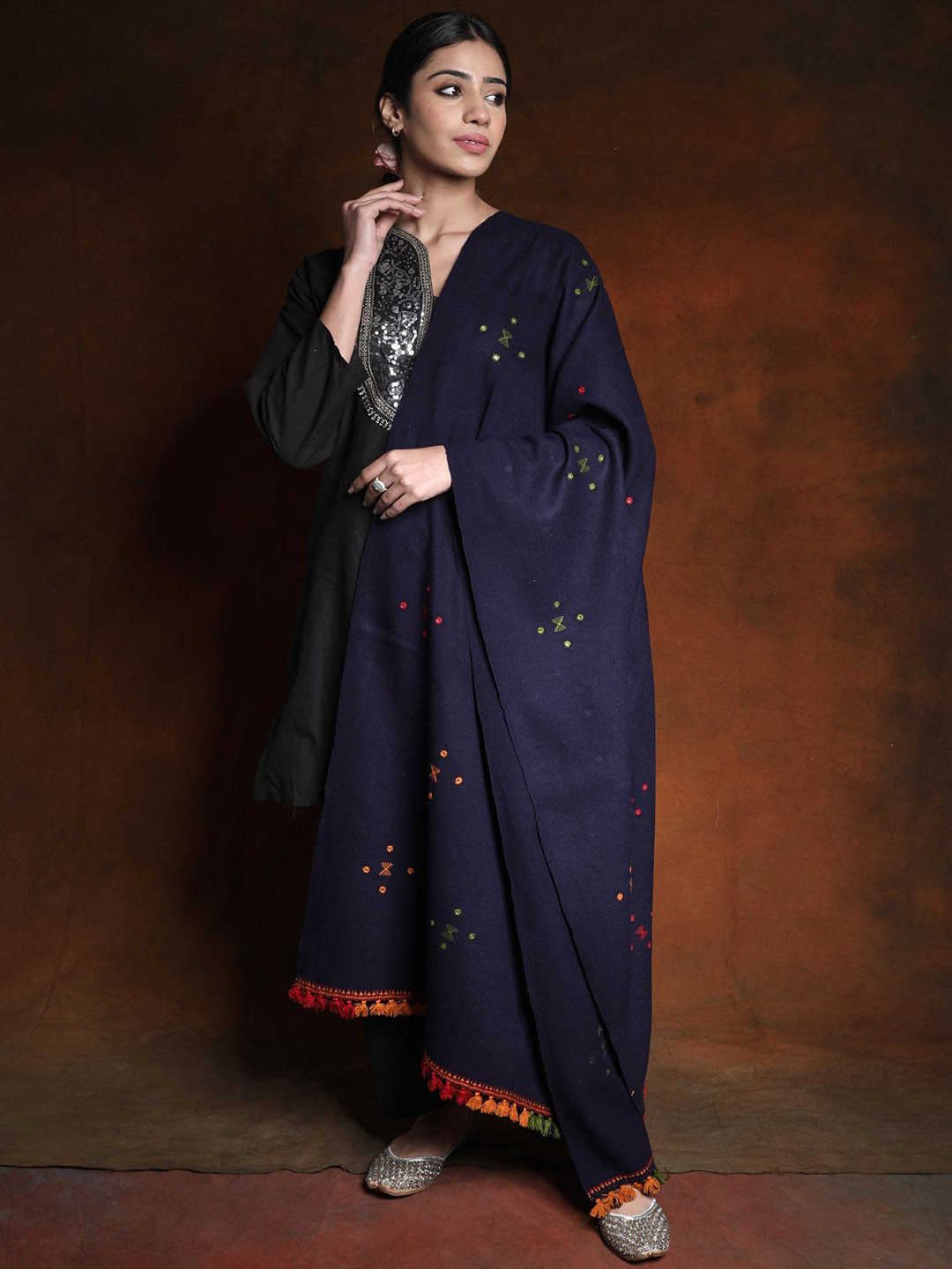 

Exotic India Navy Blazer Woolen Plain Shawl with Mirror Embroidery, Navy blue