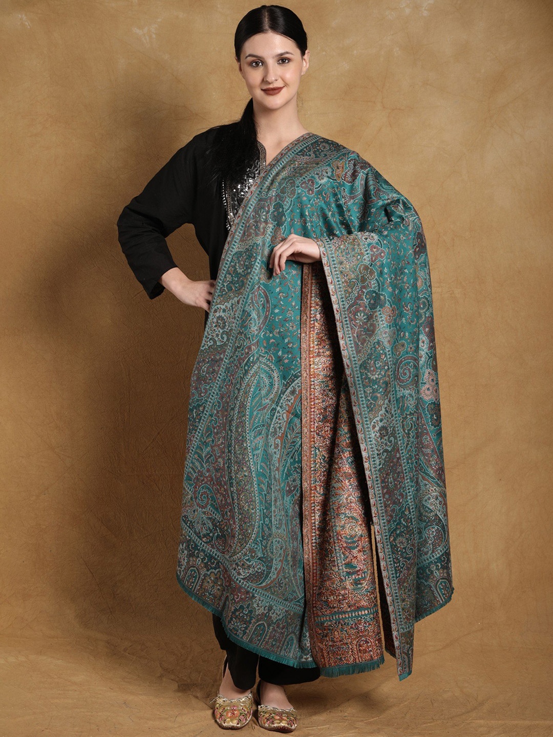 

Exotic India Blue Grass Kani Jamawar Wool Shawl with Woven Multicolor Flowers