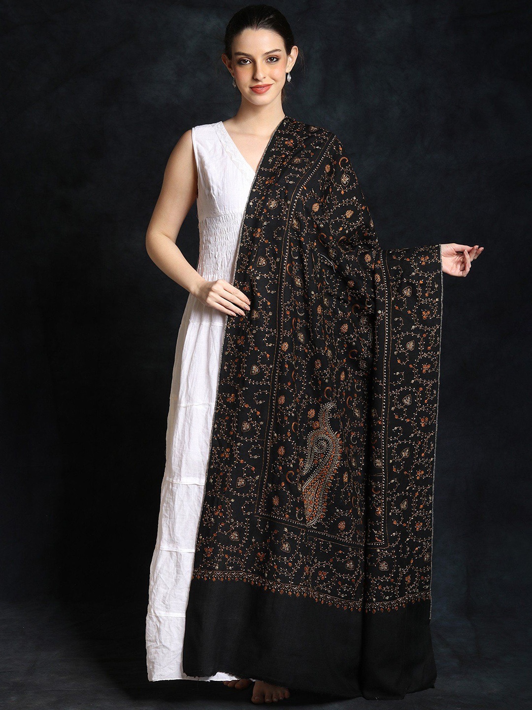 

Exotic India Paisley Jaal Embroidered Pure Woollen Shawl, Black