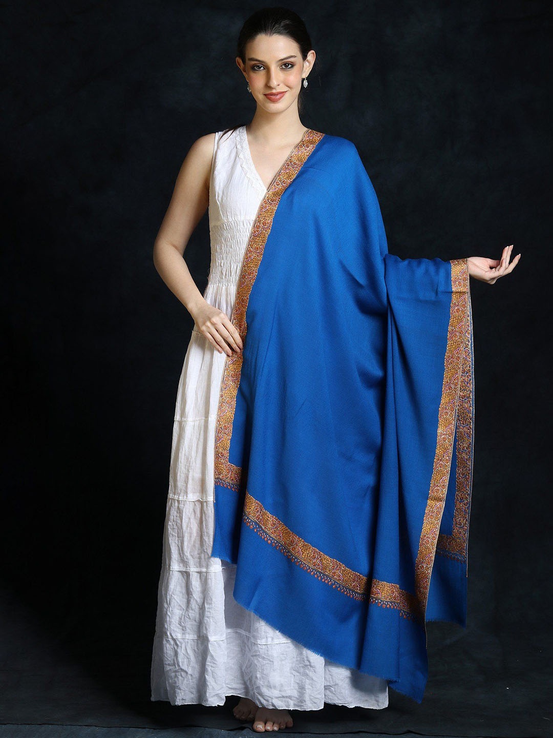 

Exotic India Nautical Blue Wool Sozni Embroidered Border Kashmiri Shawl