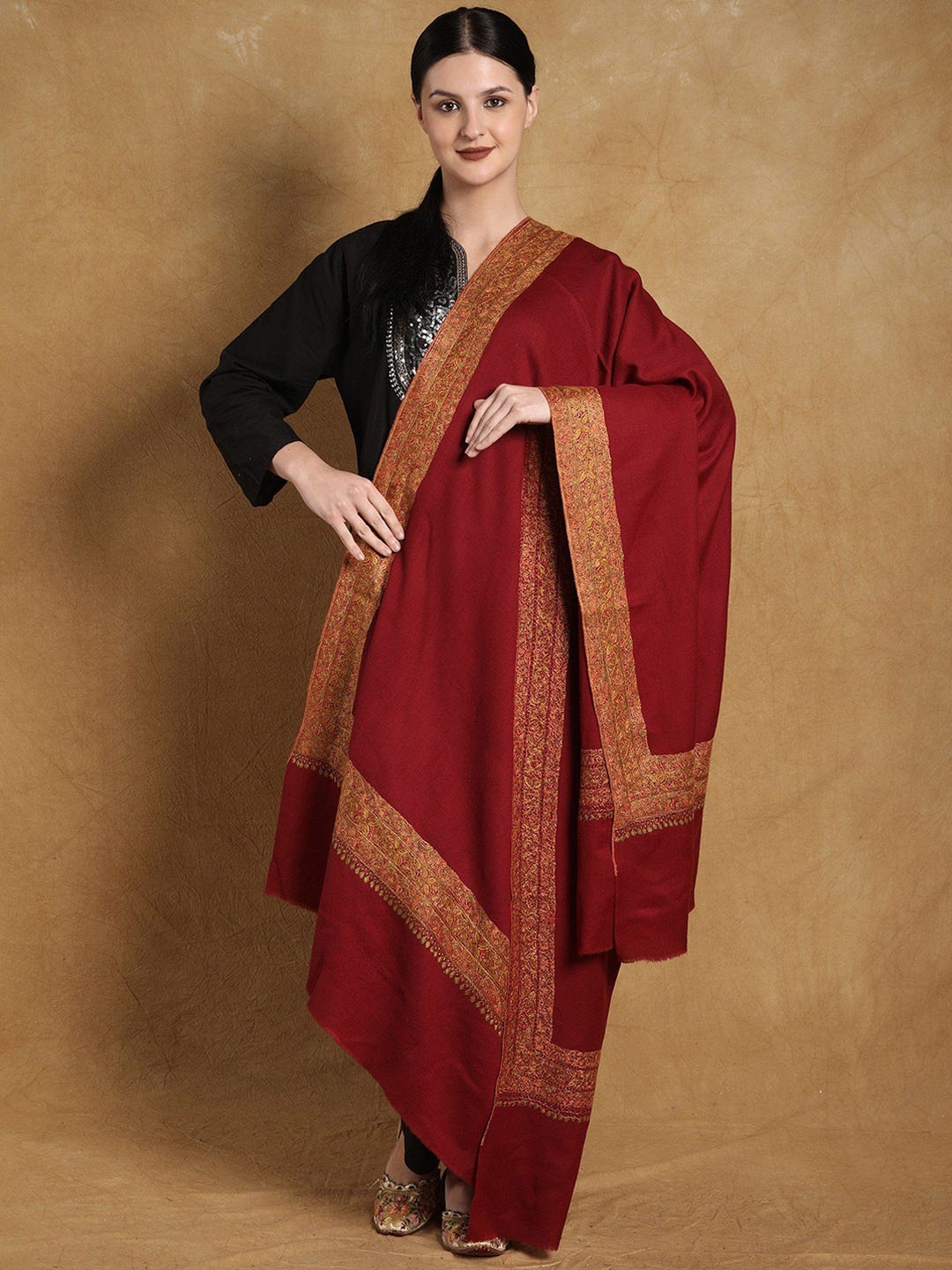 

Exotic India Paisley Embroidered Pure Wool Shawl, Red