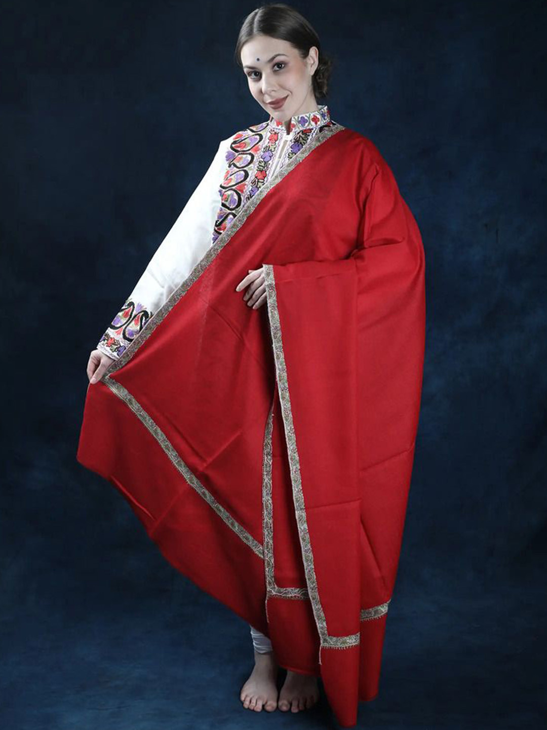 

Exotic India Embroidered Woollen Shawl, Red