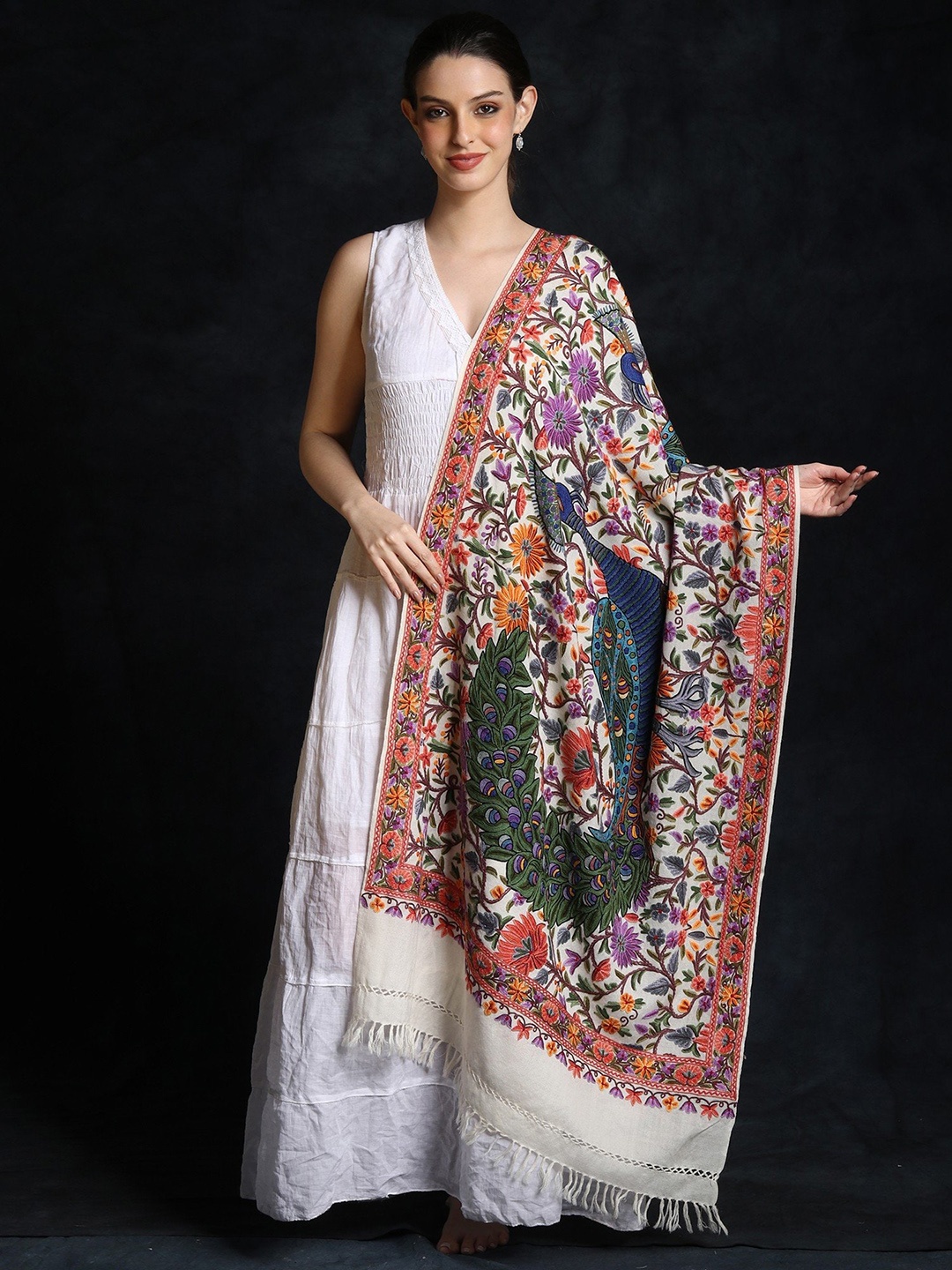 Exotic India Floral Aari Embroidered Pure Woollen Shawl, White