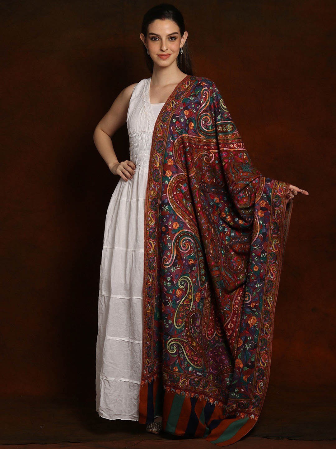 

Exotic India Floral Embroidered Pashmina Pure Wool Shawl, Blue
