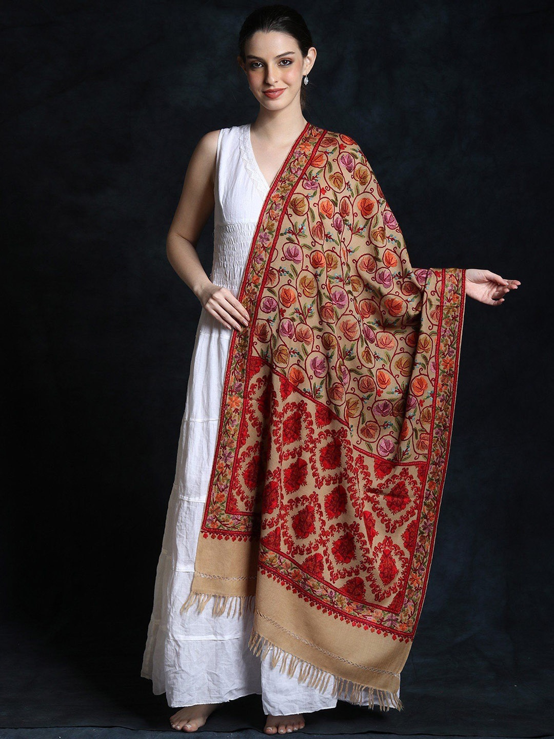 

Exotic India Floral Embroidered Pure Wool Shawl, Beige