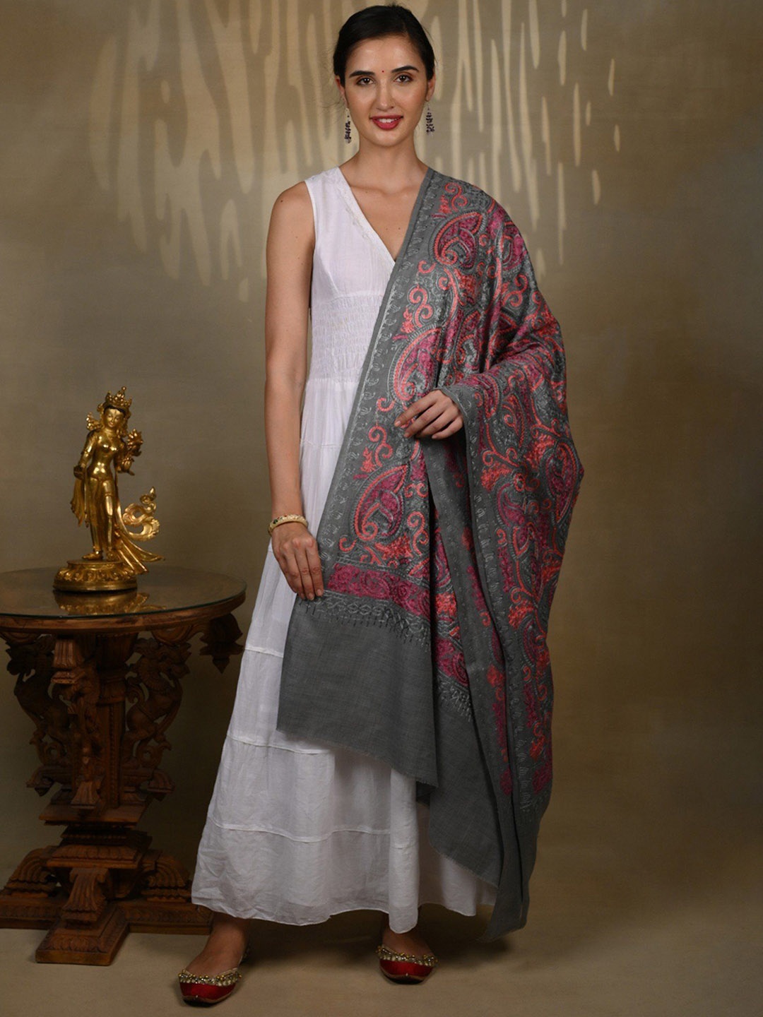 

Exotic India Pure Wool Grey Detailed Traditional Aari Threadwork Kashmiri Shawl