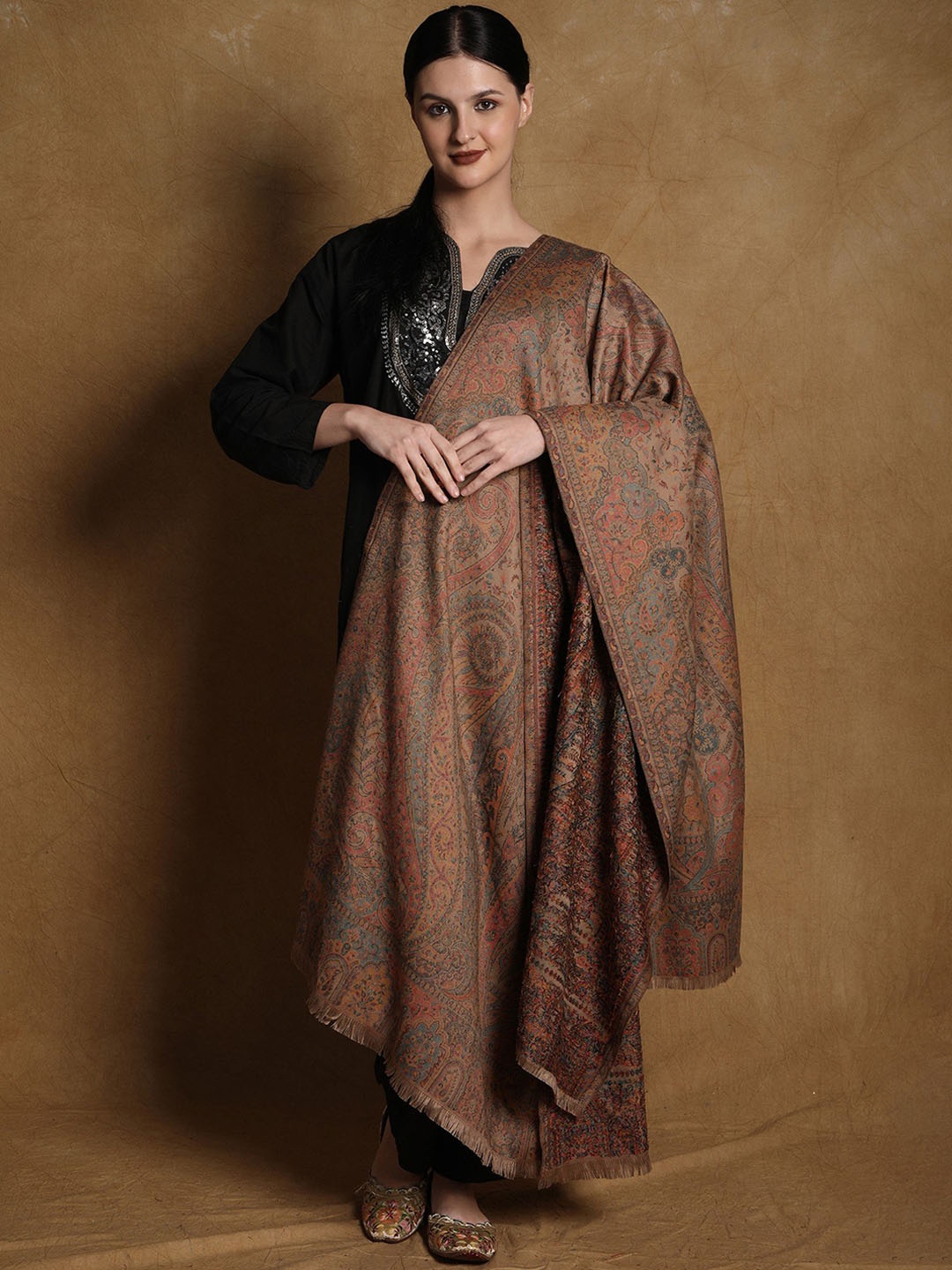 

Exotic India Nomad Kani Jamawar Wool Shawl with Woven Multicolor Flowers, Brown