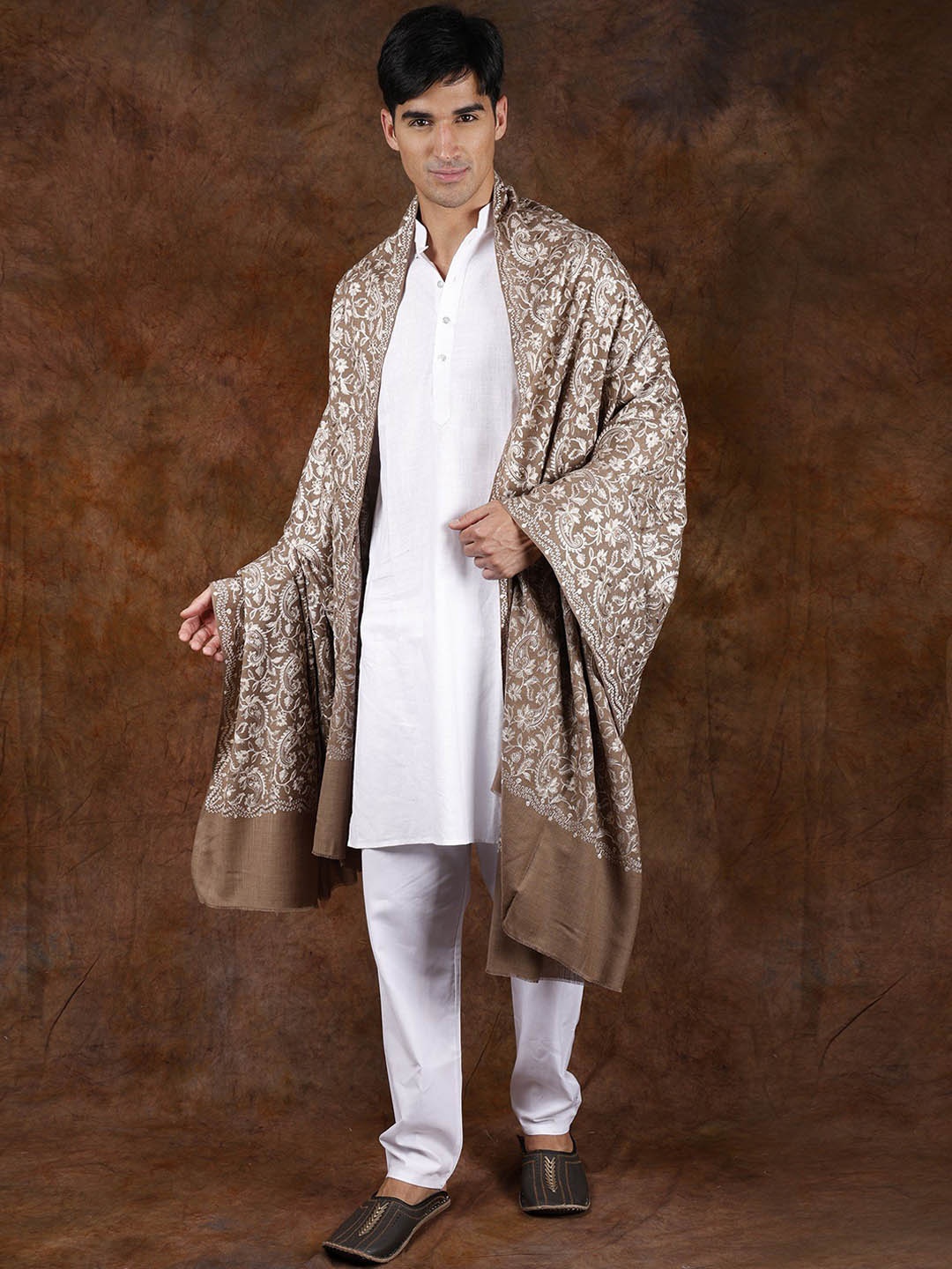 

Exotic India Malt Ball Men's Pure Wool Aari Embroidered Paisley Vines Shawl, Brown
