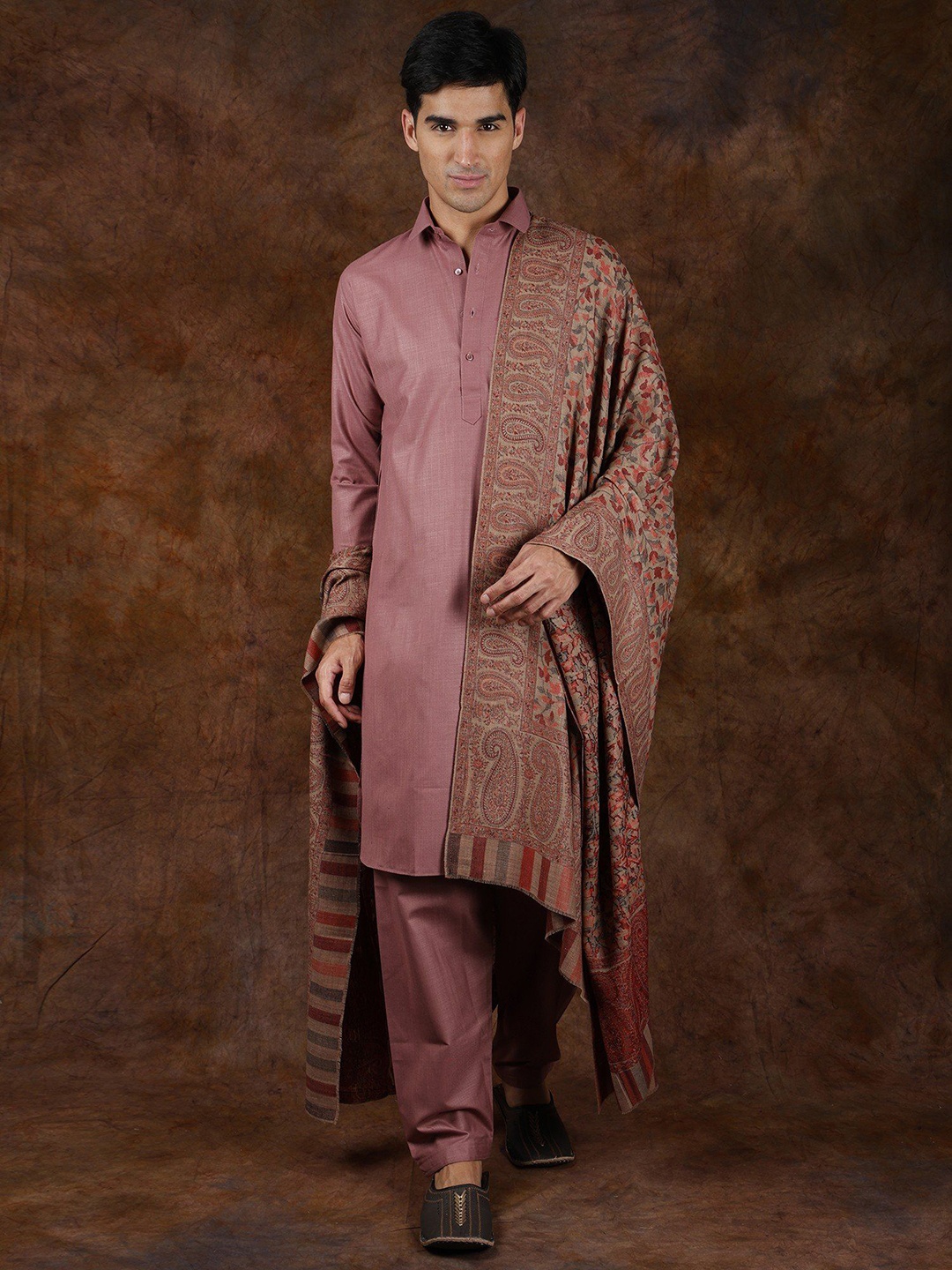 

Exotic India Floral Printed Pure Woollen Shawl, Taupe