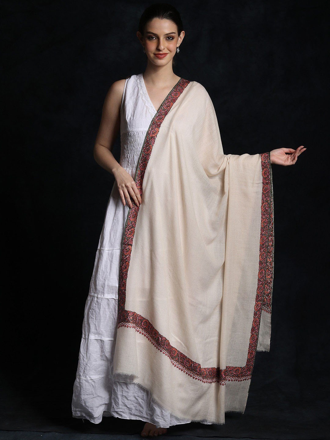 

Exotic India Floral Embroidered Pure Woollen Shawl, Off white