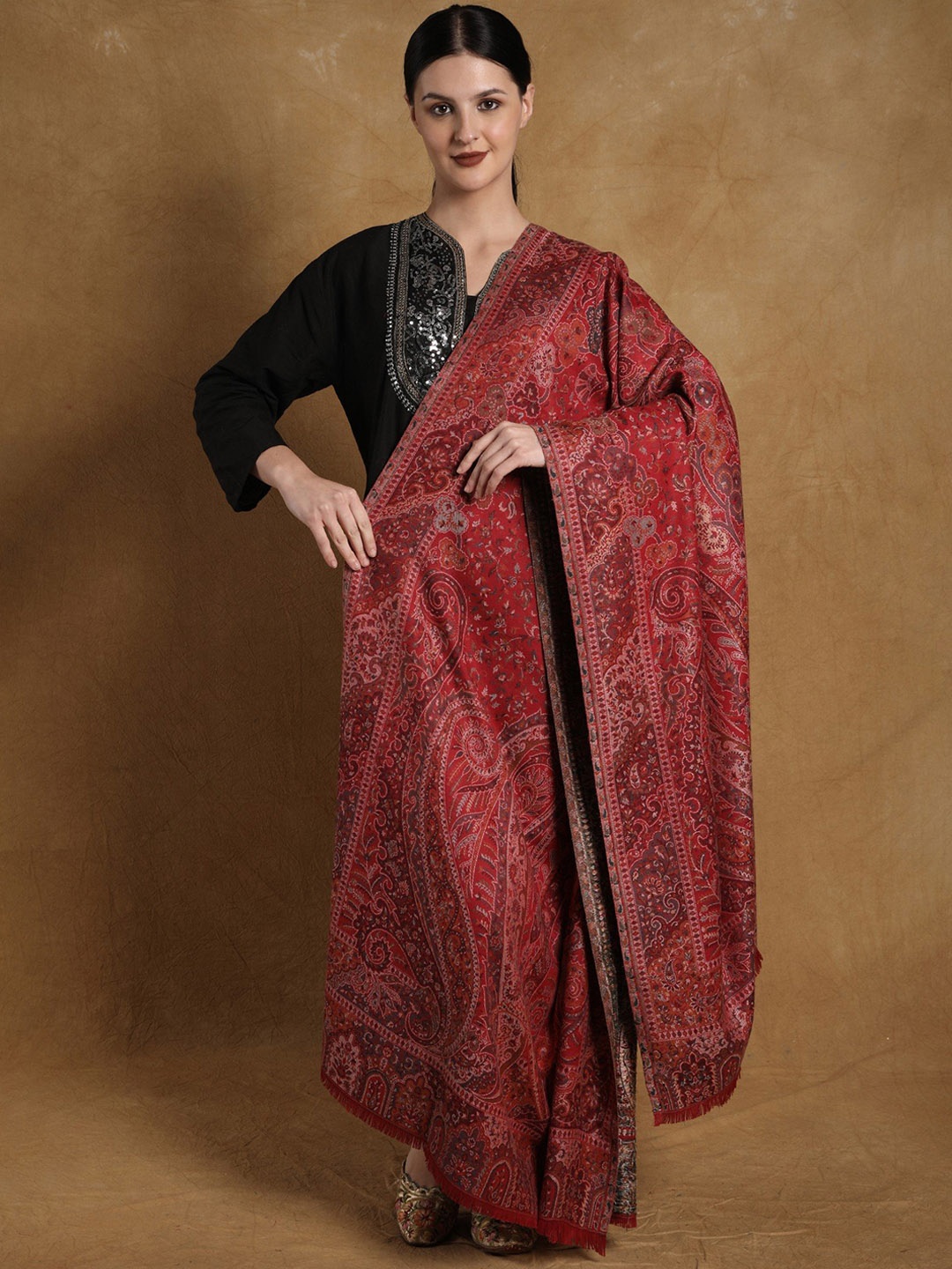 

Exotic India Racing Red Kani Jamawar Wool Shawl with Multicolor Woven Flowers