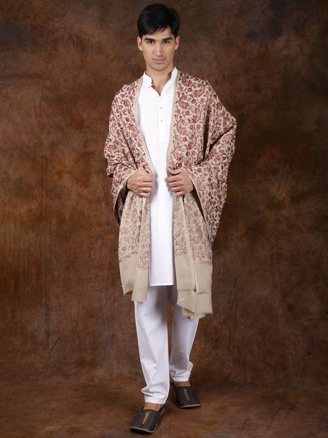 

Exotic India Feather Gray Men's Pure Wool Aari Embroidered Paisley Vines Shawl, Beige