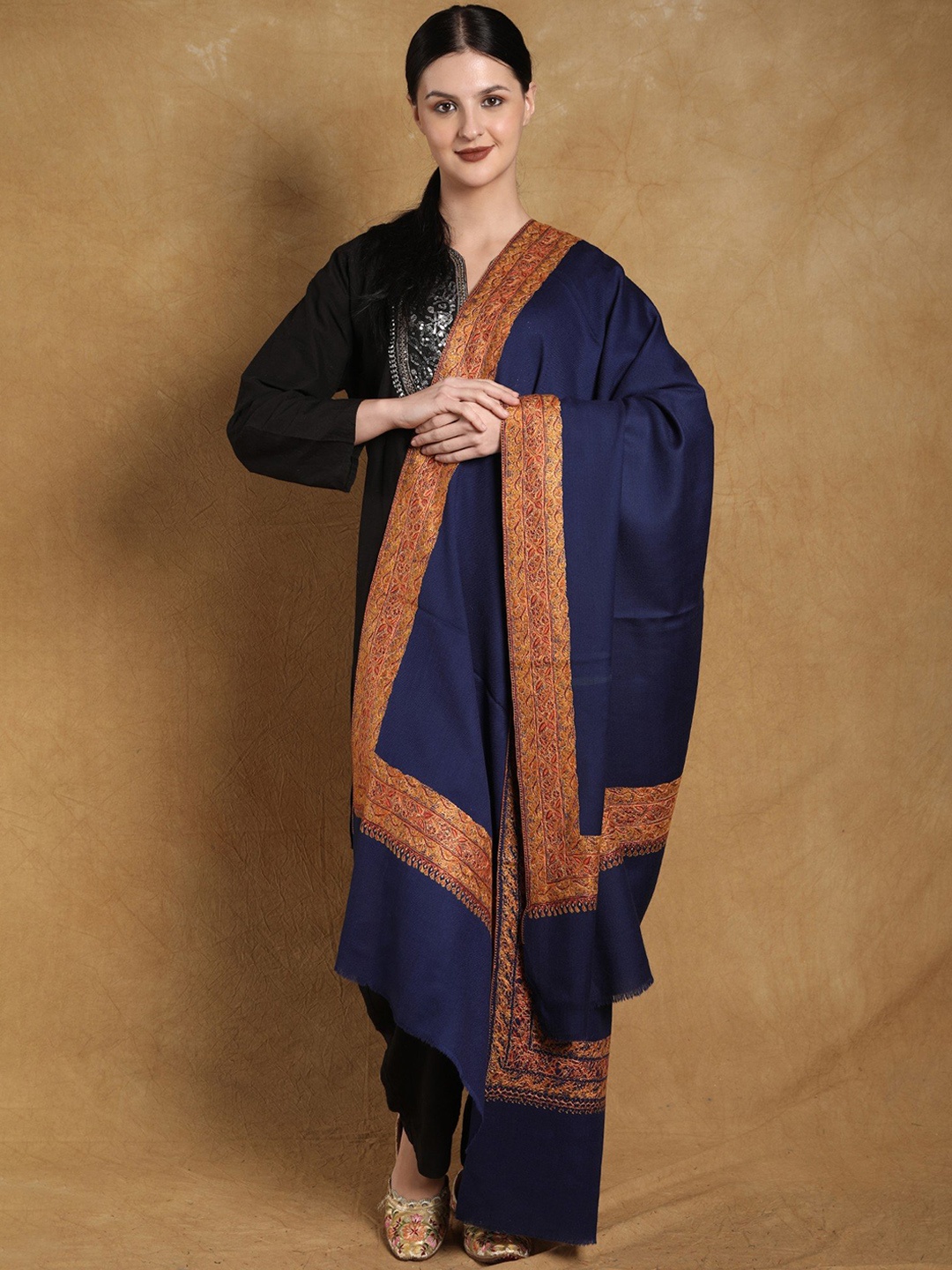 

Exotic India Embroidered Woollen Shawl, Blue