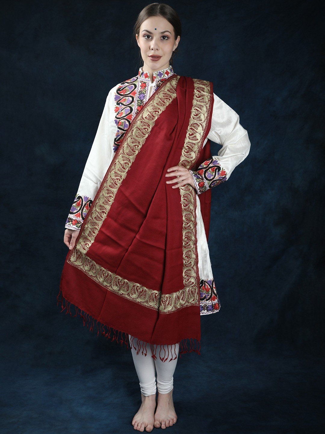 

Exotic India Paisley Embroidered Pure Wool Shawl, Red