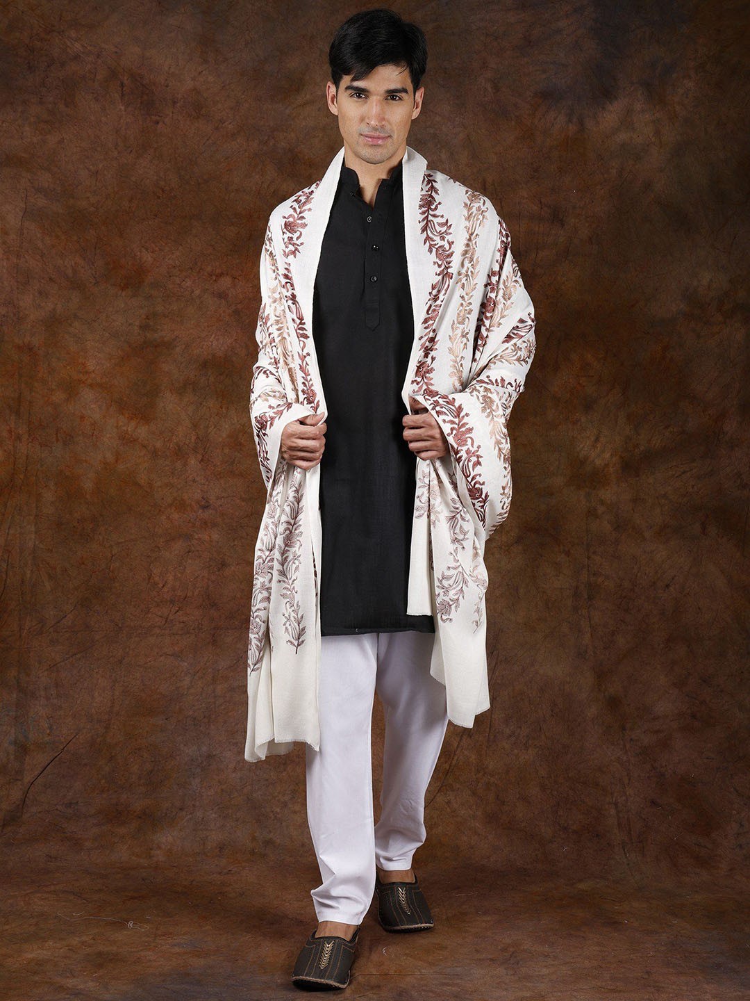 

Exotic India Cannoli Cream Pure Wool Aari Embroidered Floral Vines Shawl
