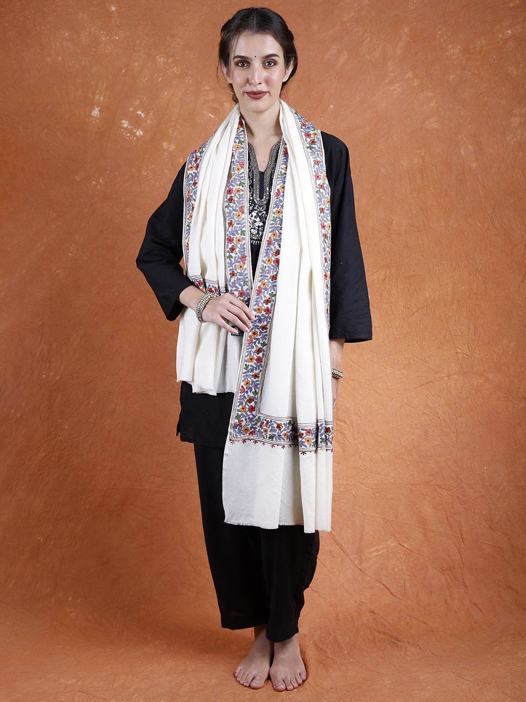 

Exotic India Floral Embroidered Amritsar Pure Wool Shawl, Cream