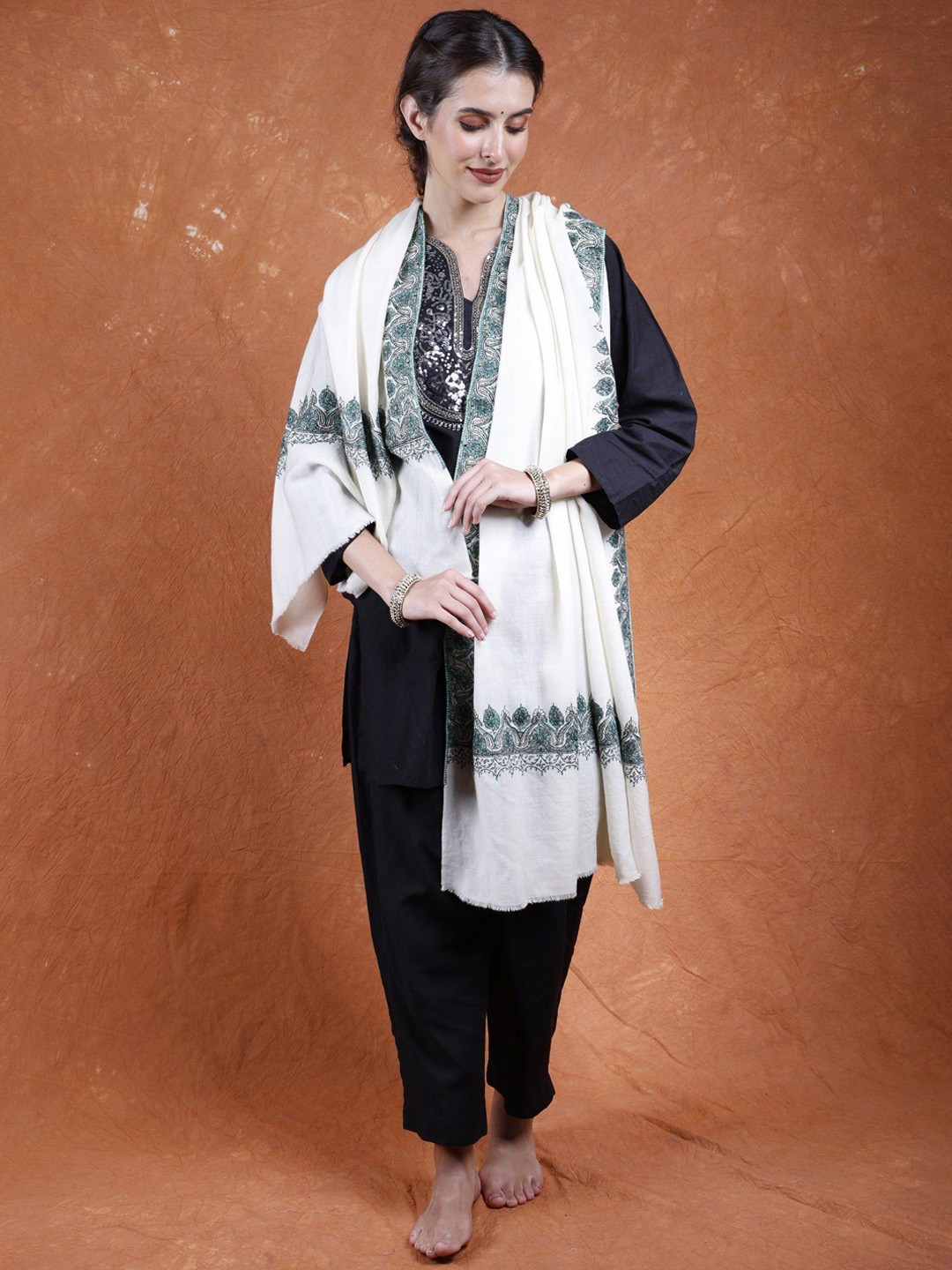 

Exotic India Winter-White Sozni Hand Embroidered Paisley Border Pure Wool Shawl