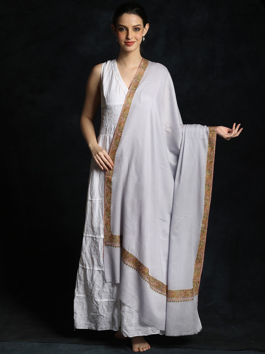 

Exotic India Woven Design Sozni Border Woollen Shawl, Blue