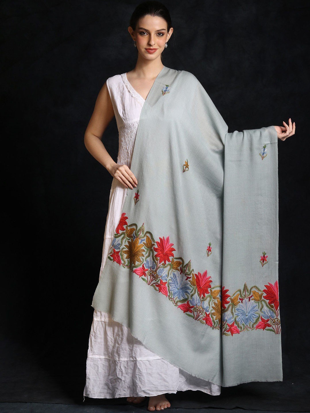 

Exotic India Glacier Gray Woolen Floral Ari Embroidered Kashmiri Shawl, Grey