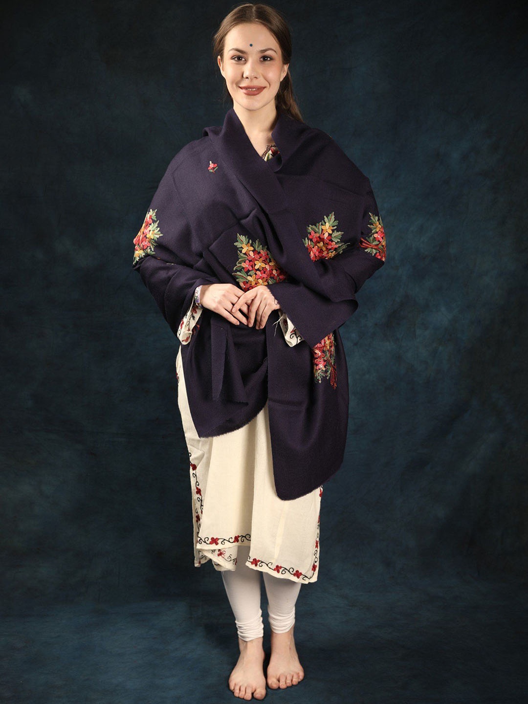 

Exotic India Patriot Blue Aari Hand-Embroidered Trees Kashmiri Shawl