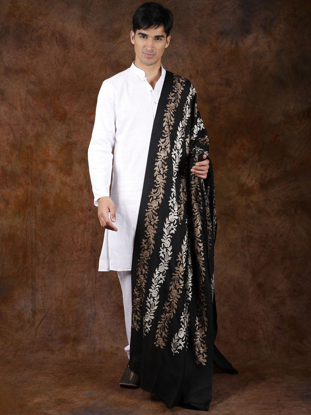 

Exotic India Pirate Black Pure Wool Aari Embroidered Floral Vines Shawl